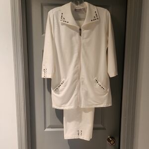 Cream Colored Embellished Zip-Up Jacket and Pants Set